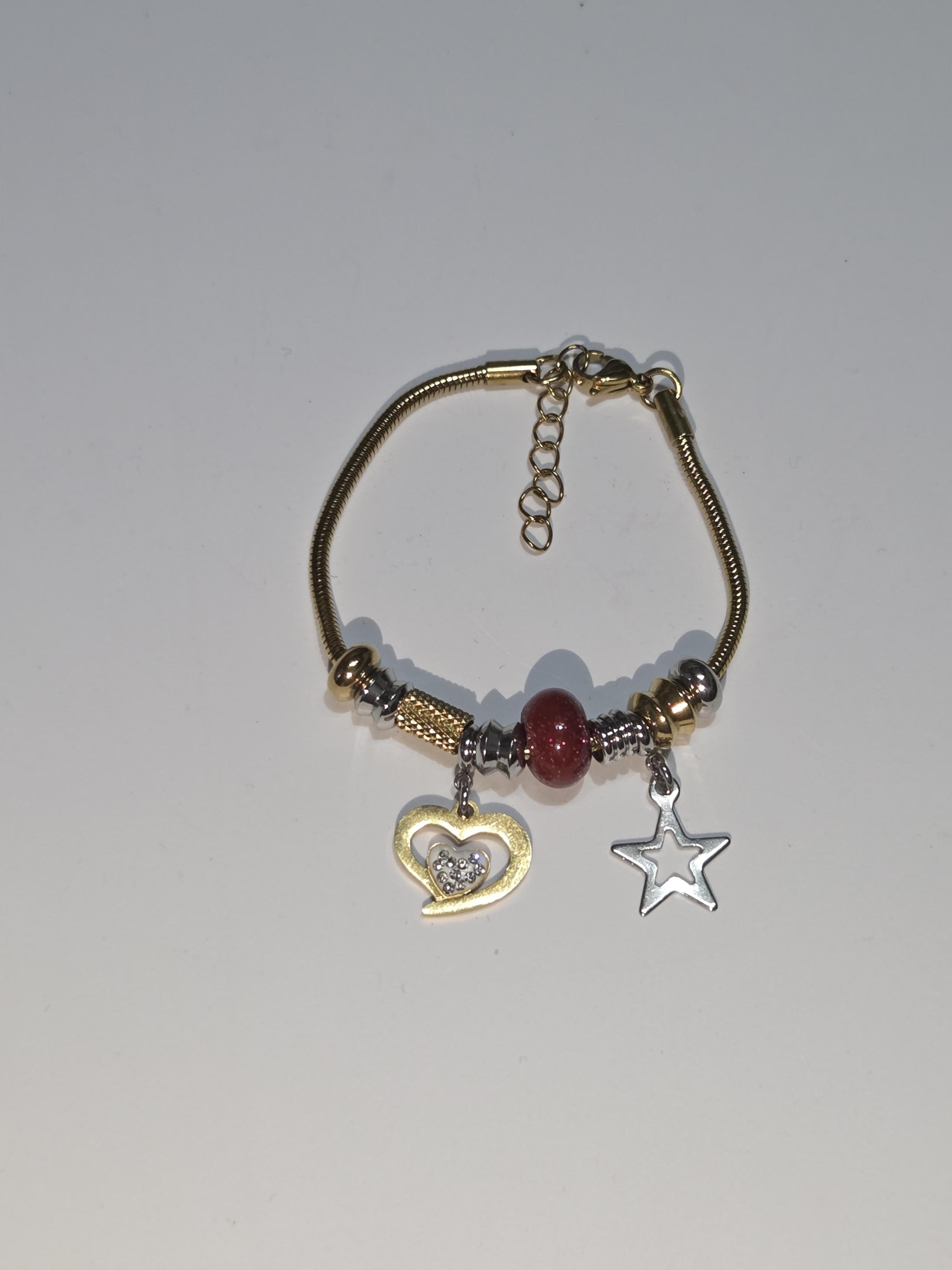 Stainless Steel Bracelet With Snake Chain And Charms Heart And Star