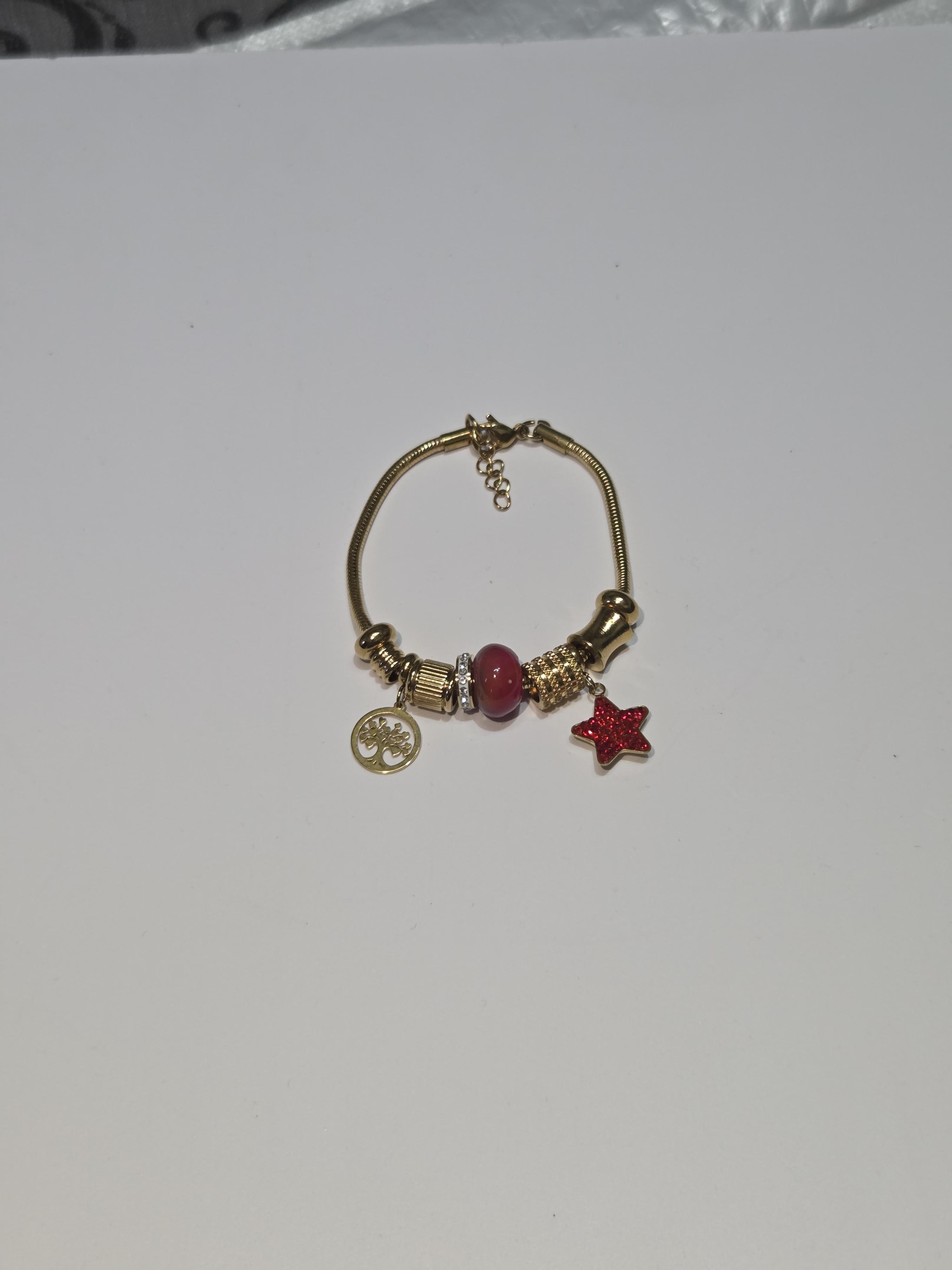 Stainless Steel Bracelet With Snake Chain And Charms Red Star And The Tree Of Life