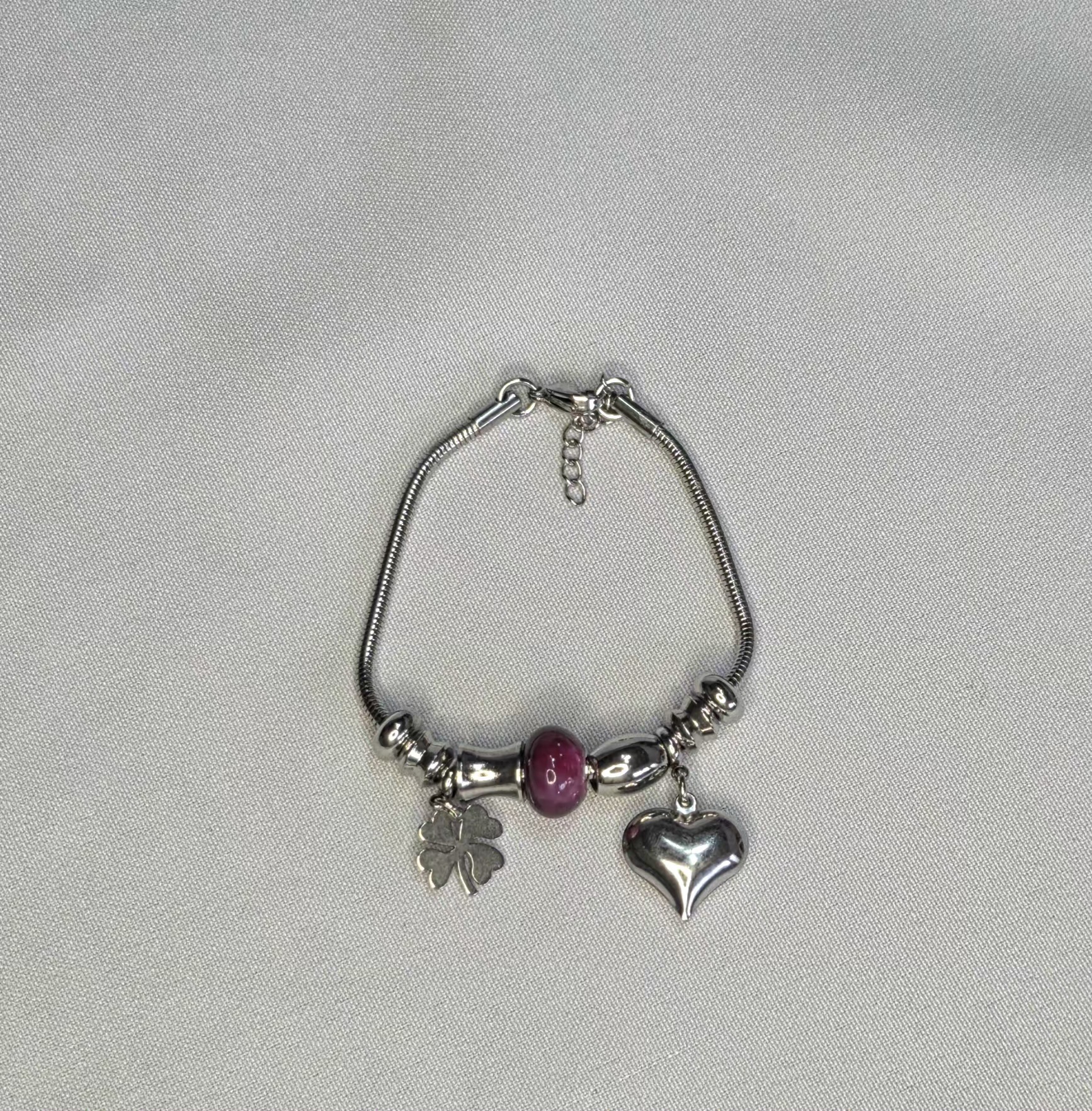 Stainless Steel Bracelet With Snake Chain And Charms Silver Heart And Four-Leaf Clover
