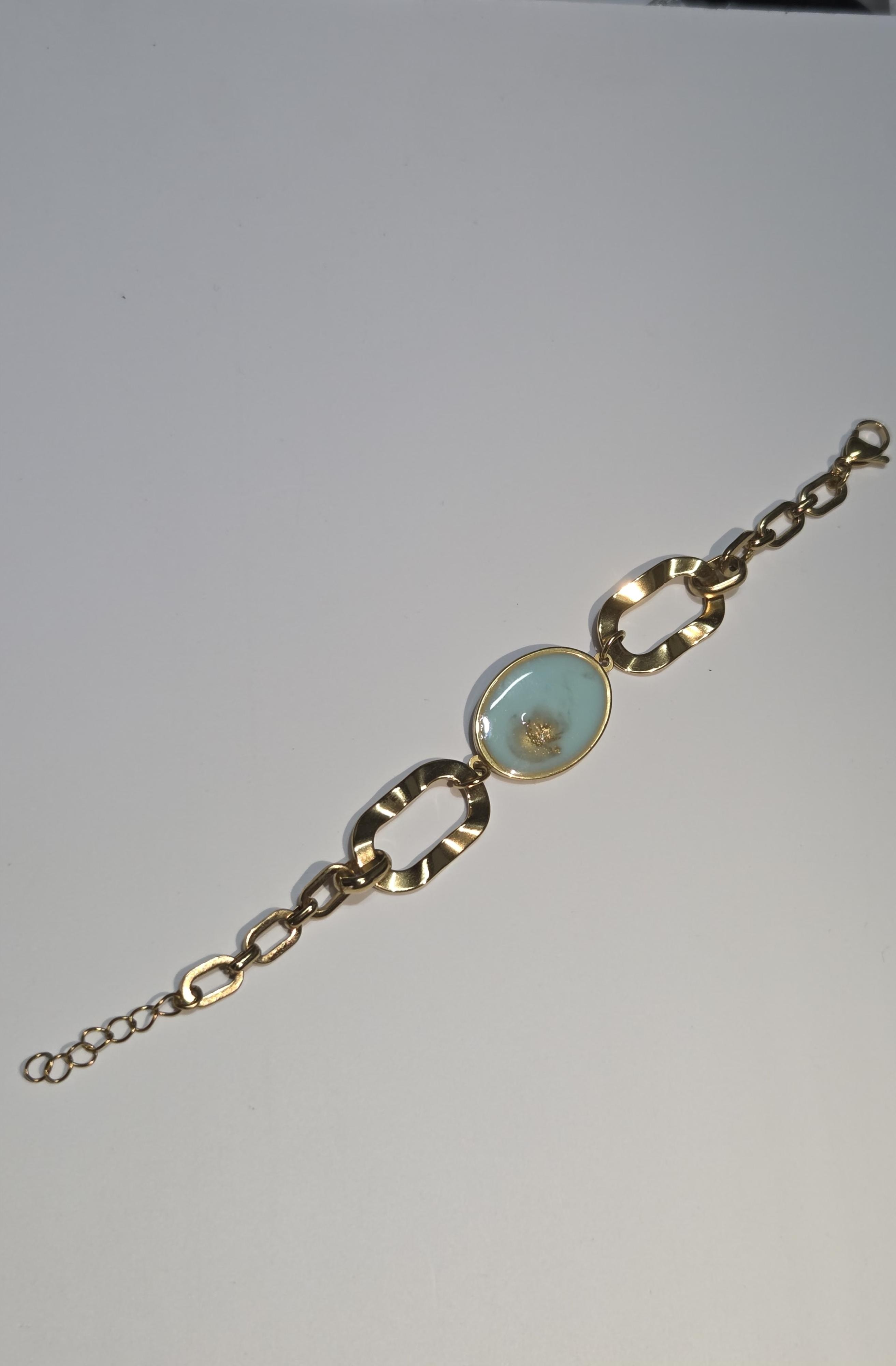 Stainless Steel Gold Oval Handmade Bracelet Light Blue -Turqoise With Golden Leaf 20*25Mm