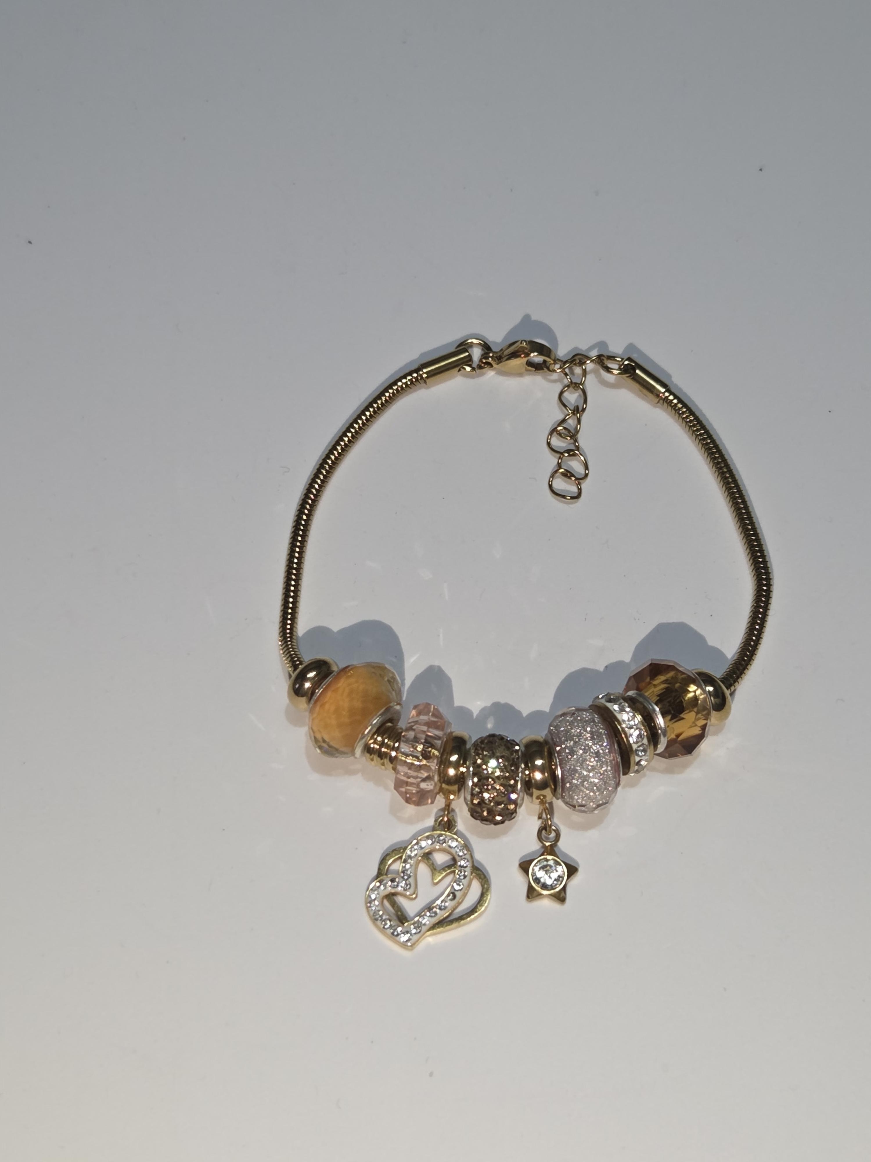 Stainless Steel Bracelet With Snake Chain And Charms Double Heart And Star With Strass