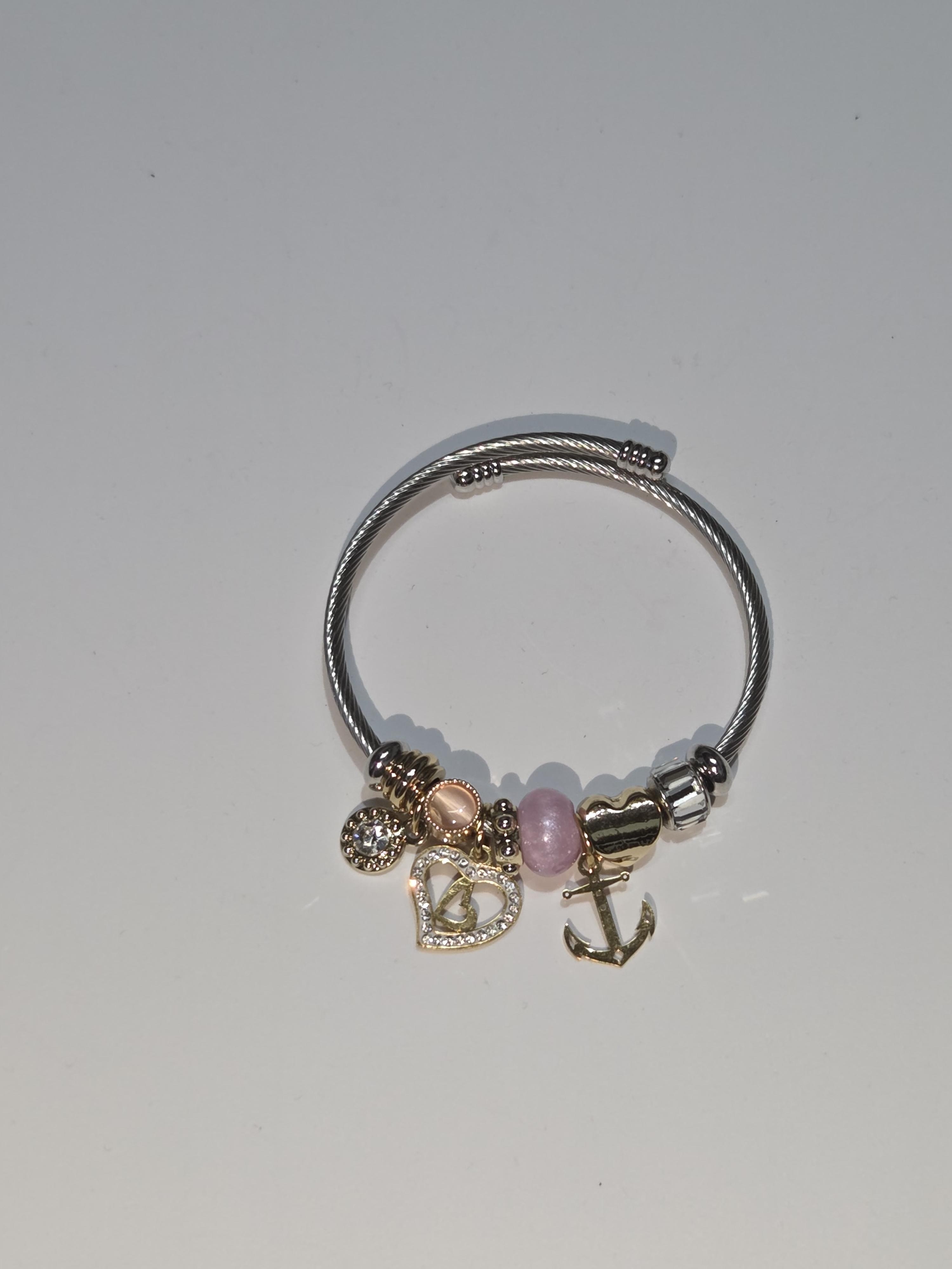 Stainless Steel Rob Bracelet With Pendant Charms,Strass Double Heart And Anchor