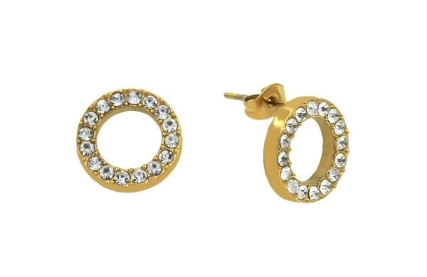 Stanless Steel Gold Circle Stud Earrings With Rhinestones