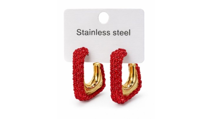 Red Crystal Paved Stainless Steel Hoop Earrings – Gold Finish
