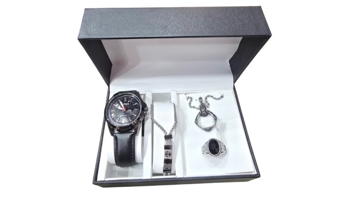 Men’s Black Watch with Bracelet, Chain & Signet Ring – Premium Gift Set
