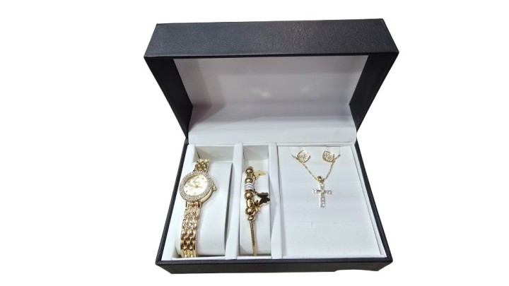 Gold Woman Watch with Cross Necklace, Earrings & Charm Bracelet – 4-Piece Gift Set