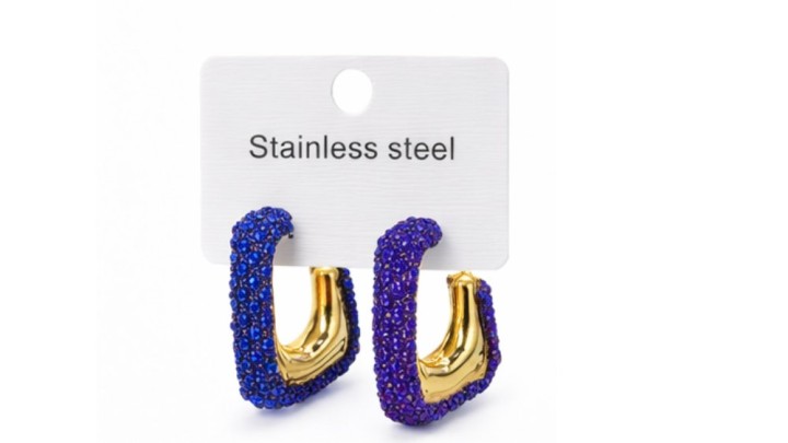 Blue Crystal Paved Stainless Steel Hoop Earrings – Gold Finish