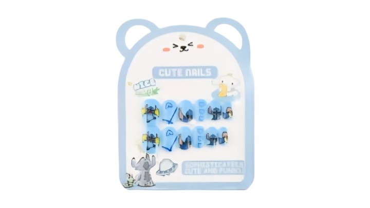Cute Fake Nails Set – Blue Stitch Design | Kids & Teens Nail Art