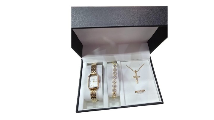 Gold Rectangular Watch & Cross Necklace Set – 4-Piece Gift Box