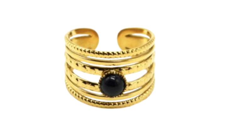 Gold Feather Stainless Steel Ring with Black Gem