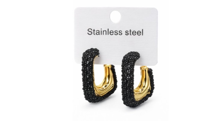 Black Crystal Paved Stainless Steel Hoop Earrings – Gold Finish