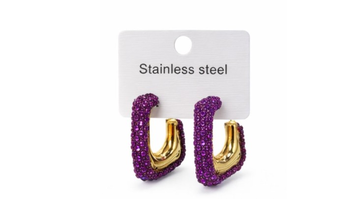 Purple Crystal Paved Stainless Steel Hoop Earrings – Gold Finish