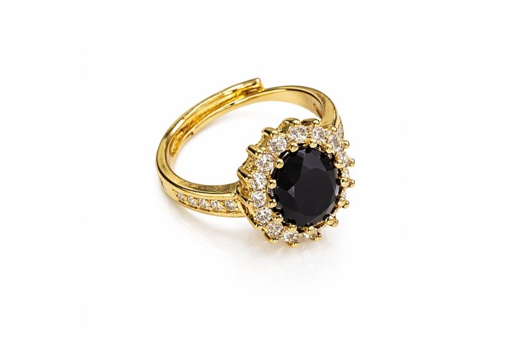 Gold Stainless Steel Ring with Black Oval Crystal