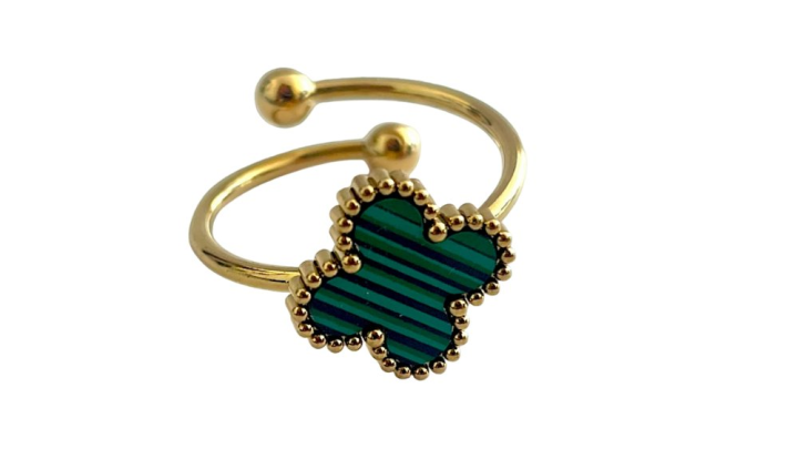 Stainless Steel Green Striped Clover Ring