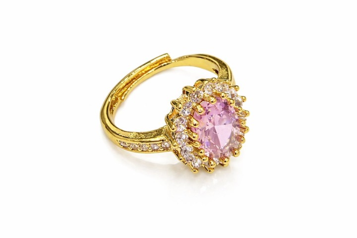 Gold Stainless Steel Ring with Pink Oval Crystal