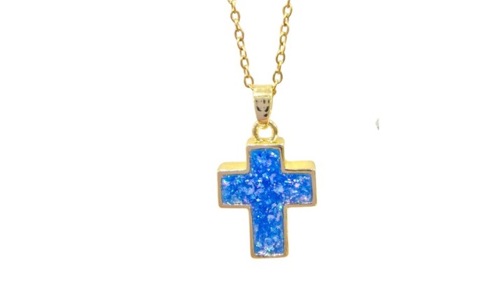 Cross Blue Opal Gold – Stainless Steel Necklace, Shiny Finish