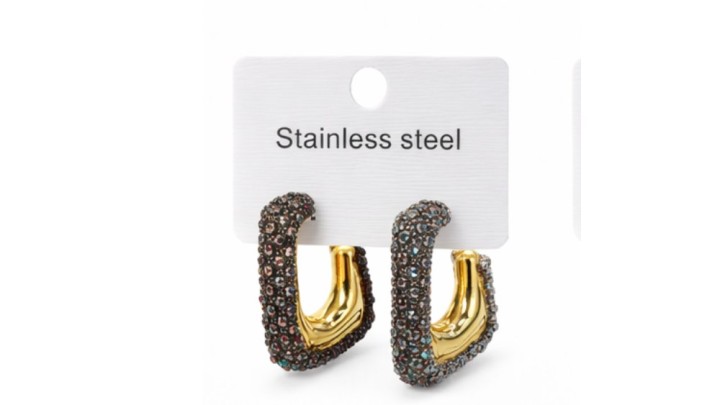 Grey Crystal Paved Stainless Steel Hoop Earrings – Gold Finish