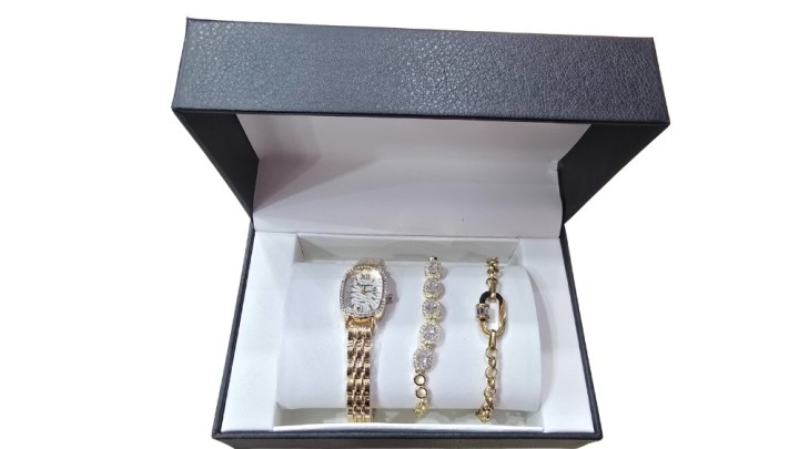 Gold Woman Watch with Crystal Bracelet Duo – Gift Box Set