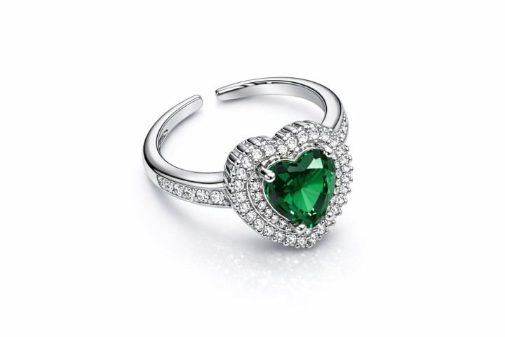 Silver Stainless Steel Ring with Emerald Green Heart Crystal