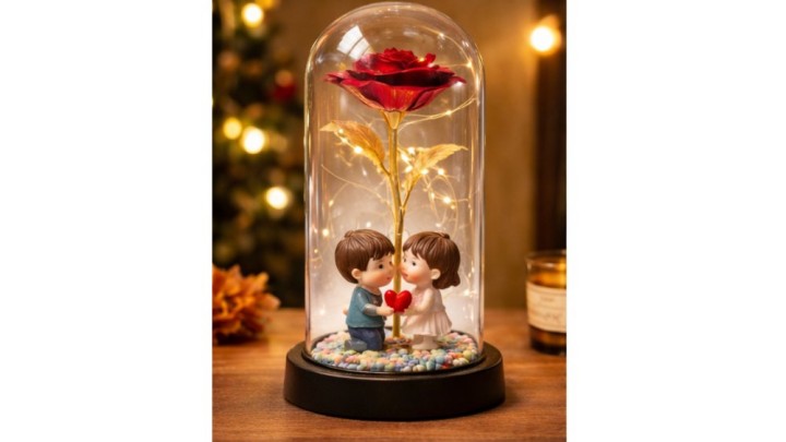 Couple romantic pose and rose led light