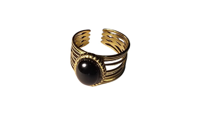 Wide Gold Stainless Steel Ring with Black Stone