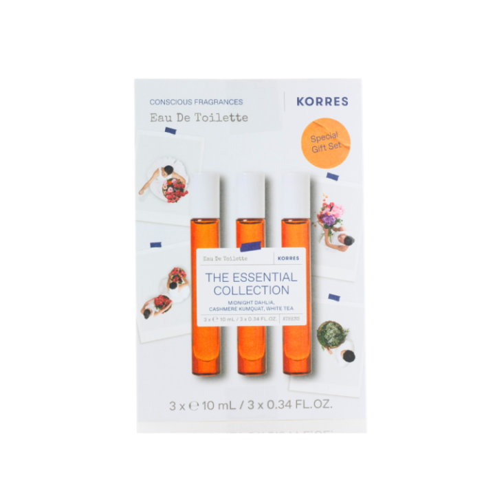 Korres The Essential Collection Gift Set with Midnight Dahlia Eau De Toilette, 10ml, Cashmere Kumquat Eau De Toilette, 10ml & White Tea Eau De Toilette, 10ml, 1set