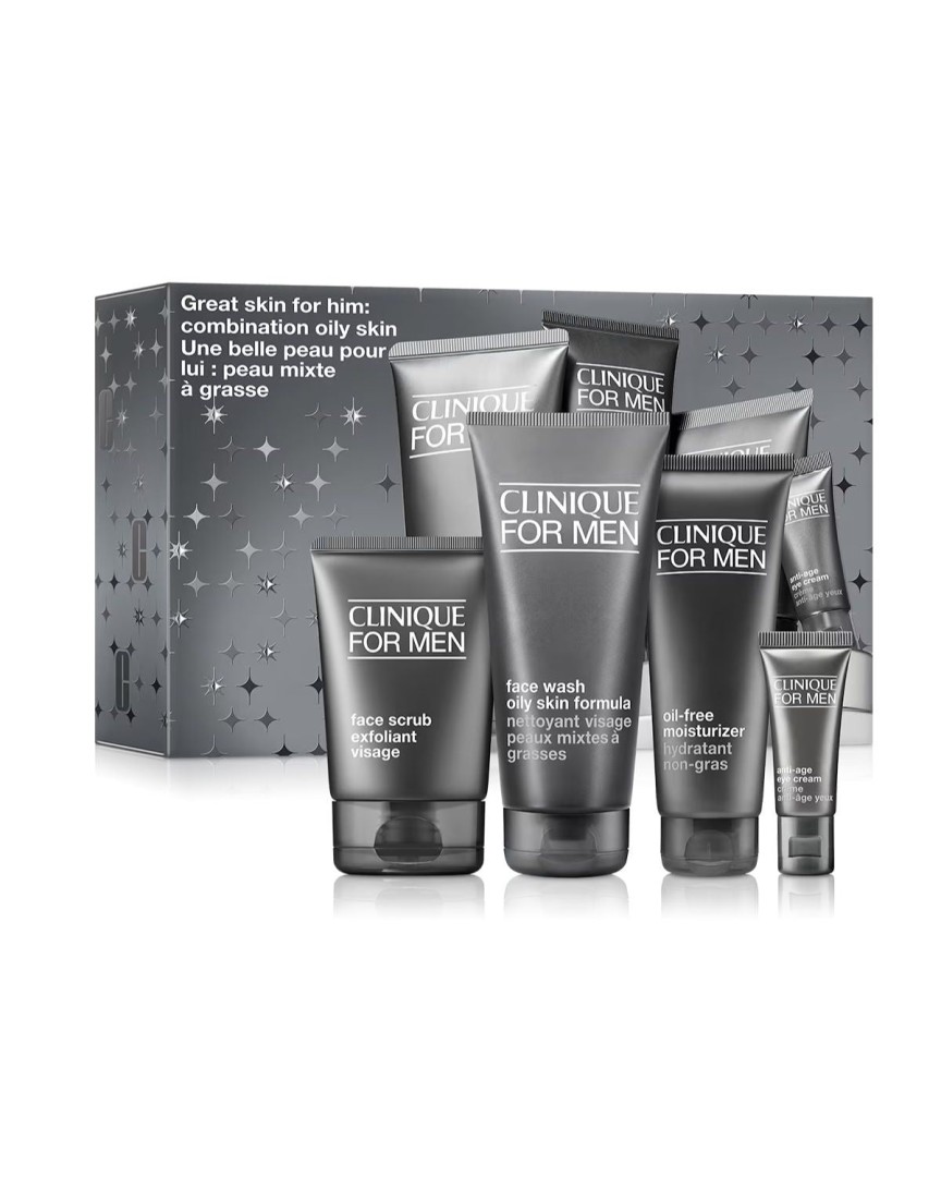 Clinique Holiday Great Skin for HIM: Combination Oily Skin Christmas Gift Set for Men Face wash + Face Scrub + Eye Cream + Moisturiser