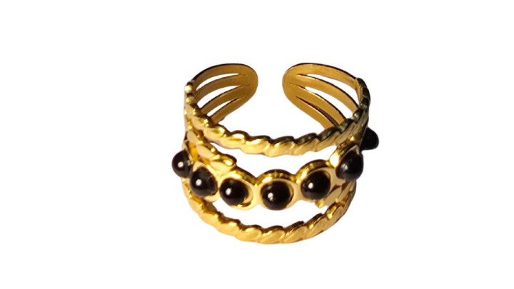 Gold Stainless Steel Double Row Ring with Black Beads