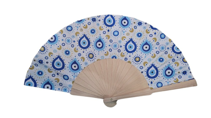 Evil Eye Hand Fan – Blue & Gold Teardrop Pattern
