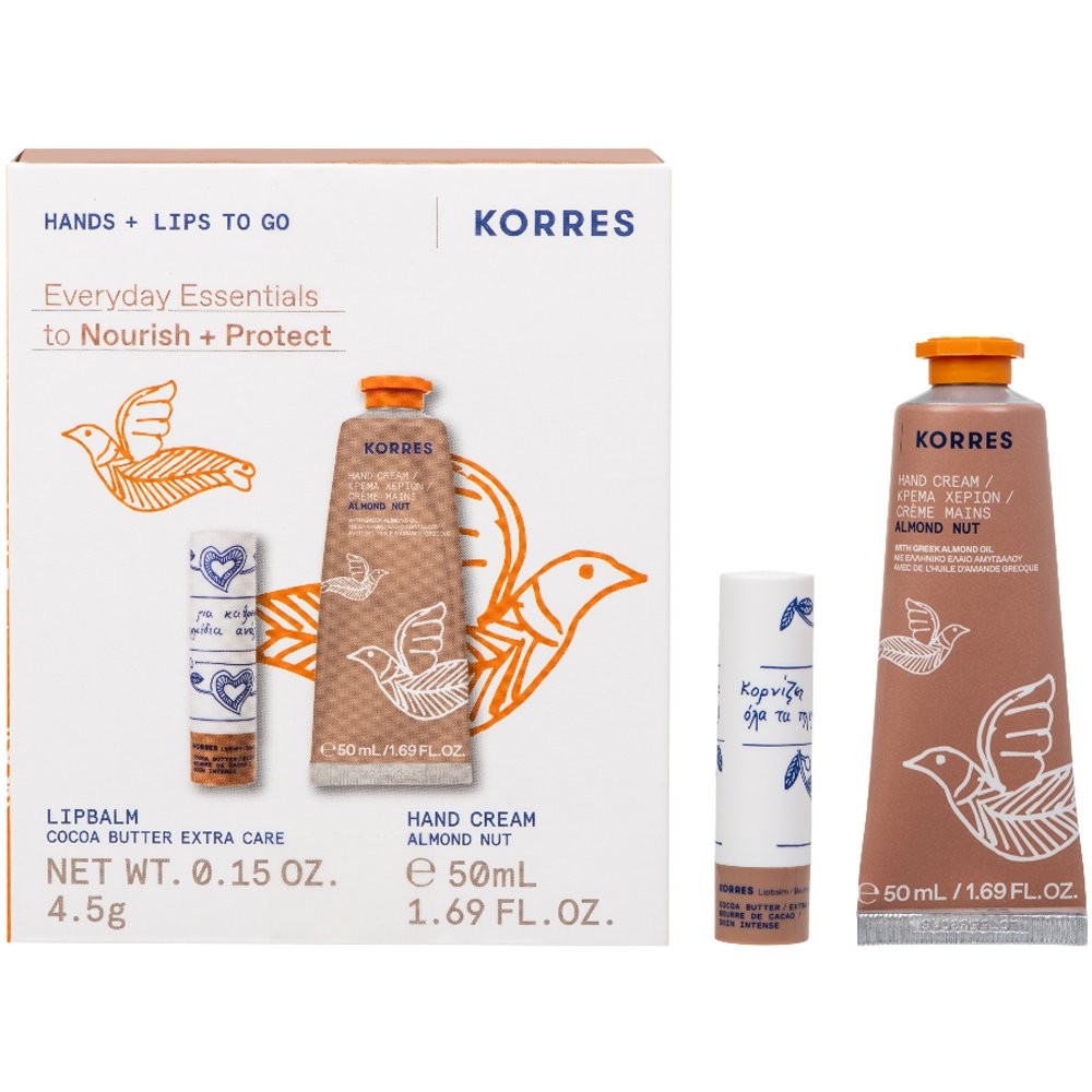 Korres Promo Hands & Lips to Go Daily Nourishing & Moisturizing Set for Hands & Lips with Almond Nut Hand Cream, 50ml & Lip Balm with Cocoa Butter, 4.5g, 1set