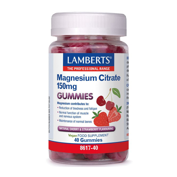 Lamberts Magnesium Citrate 150mg Gummies with Strawberry and Cherry Flavor, 40 Gummies