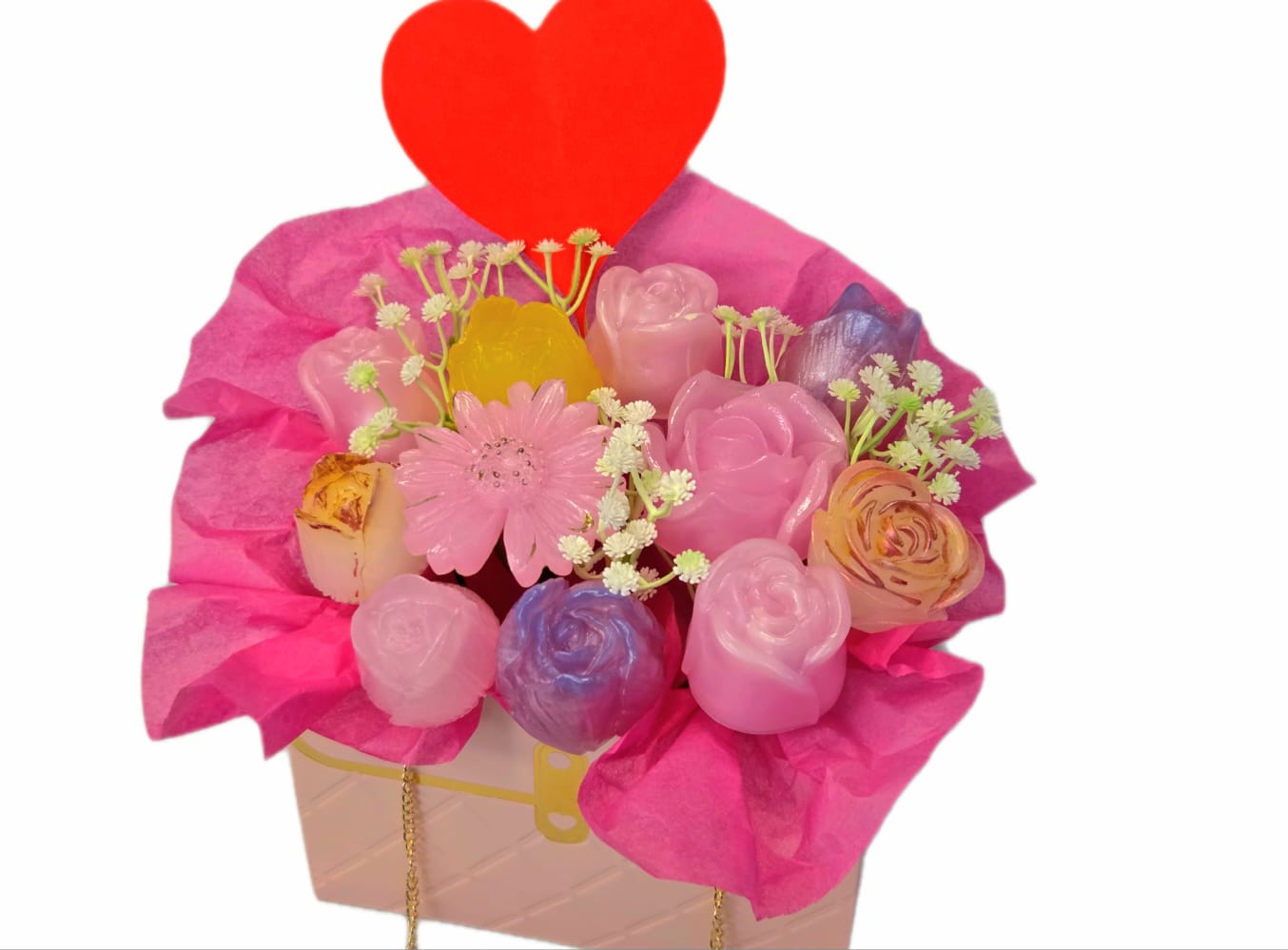Bouquet of Pink Flowers In Chain Bag.