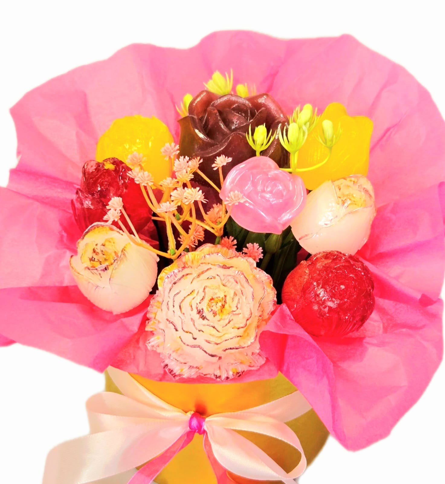 Bouquet of flowers in a gold box