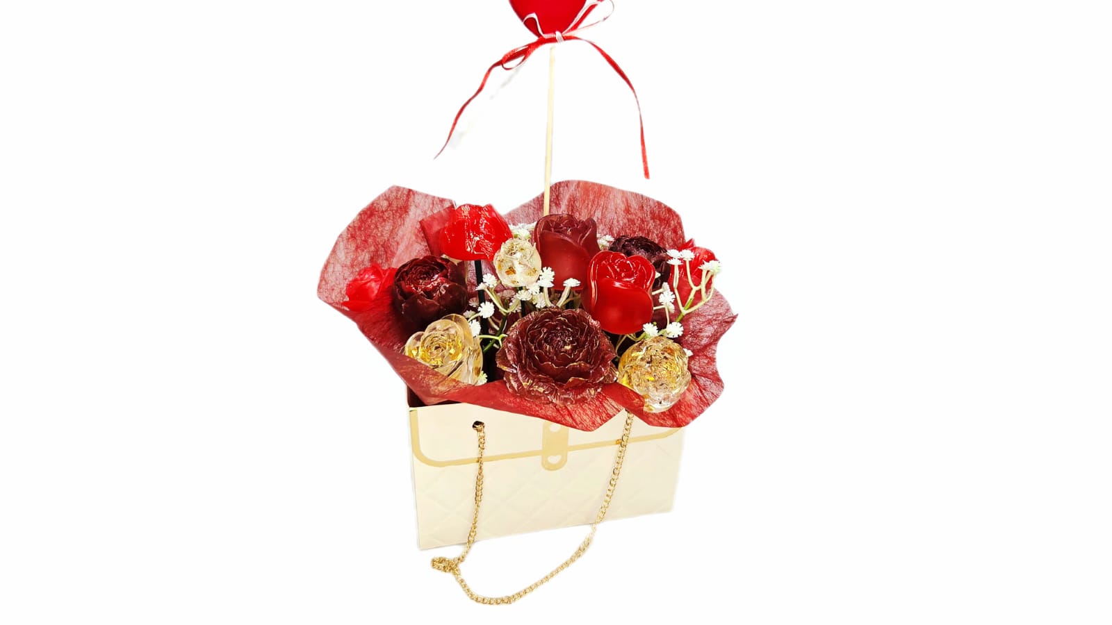 BOUQUET OF FLOWERS IN WHITE BAG WITH CHAIN.