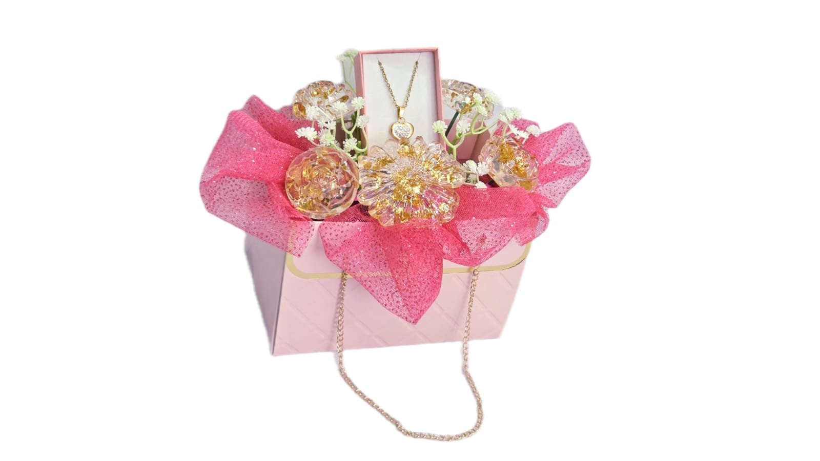 HEART NECKLACE WITH HANDMADE FLOWERS IN A PINK CHAIN BAG .