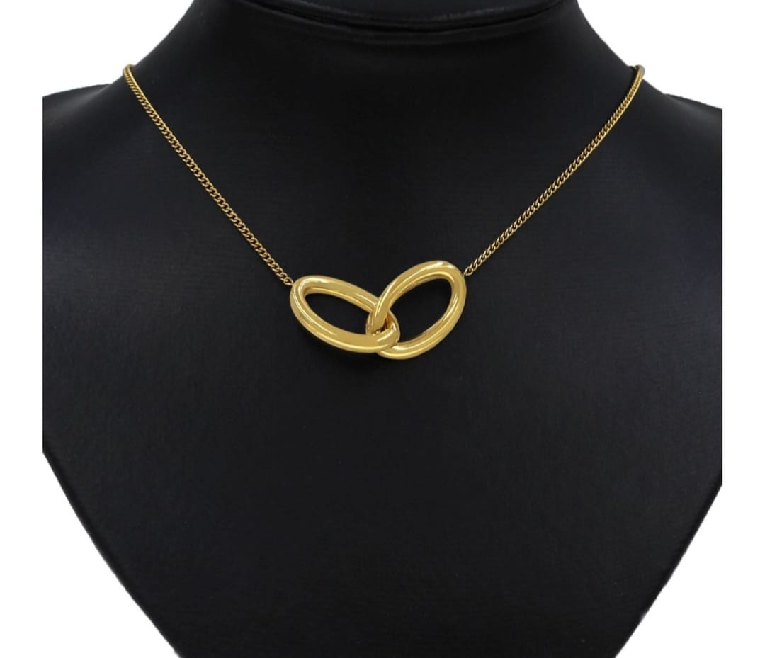 Stainless Steel  Gold Color Necklace  Two Oval Rings Together