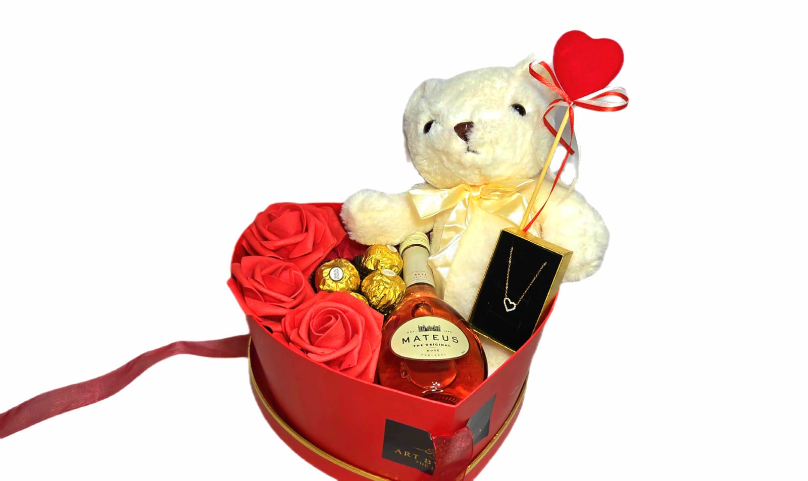 RED HEART BOX WITH NECKLACE HEART, MATEUS WINE , CHOCOLATES  AND TEDDY  BEAR.
