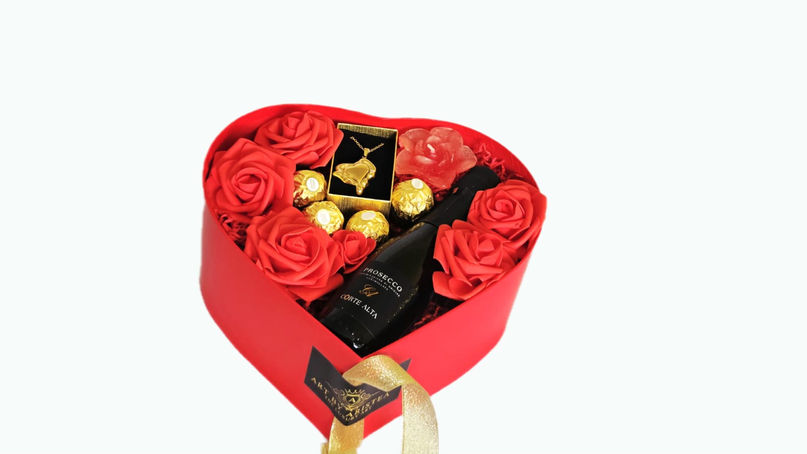 HEART NECKLACE IN RED HEART BOX WITH PROSECCO WINE AND CHOCOLATES