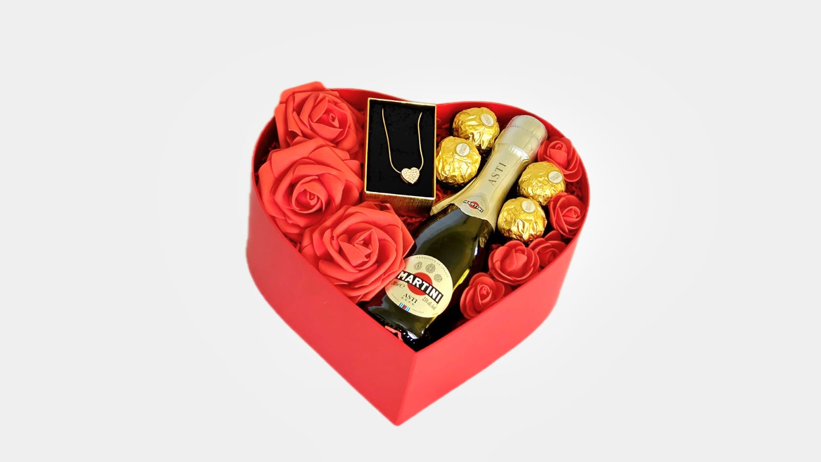 RED HEART BOX WITH NECKLACE HEART,ASTI SPARKLING WINE AND  CHOCOLATES