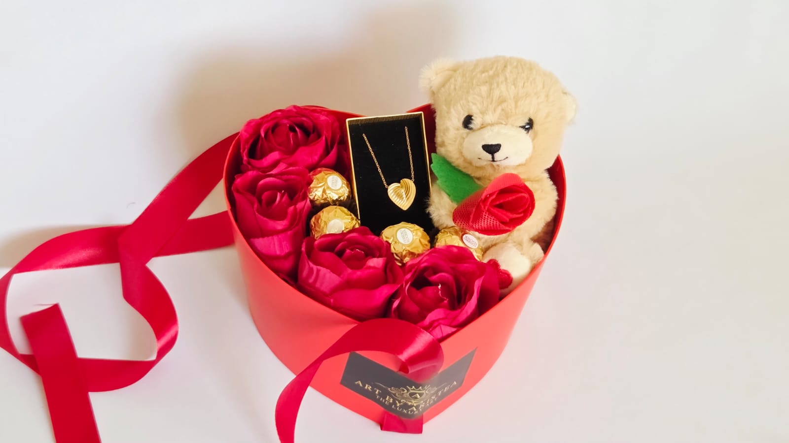 HEART NECKLACE IN RED HEART BOX WITH TEDDY BEAR