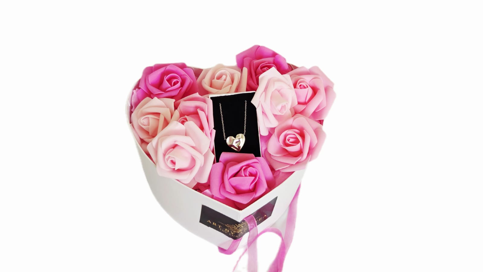 HEART NECKLACE IN WHITE HEART BOX WITH  PINK SYNTHETIC ROSES