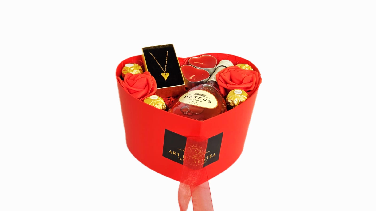 GOLD STAINLESS STEEL HEART  NECKLACE IN RED HEART BOX WITH MATEUS WINE