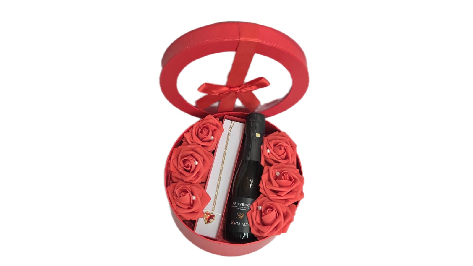 RED BOX  WITH RED GOLD HEART NECKLACE, PROSECCO WINE, ROSES