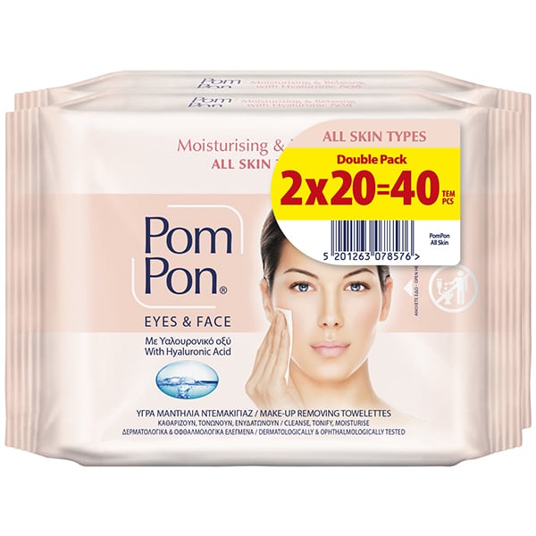 Pom Pon All Skin Types Makeup Remover Wipes For Face & Eyes (2X20Pcs), 40Pcs