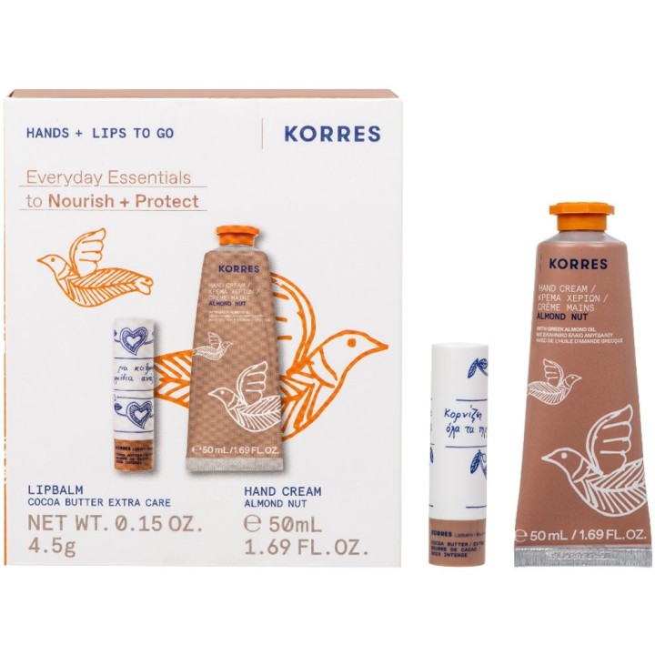 Korres Promo Hands & Lips To Go Daily Nourishing & Moisturizing Set For Hands & Lips With Almond Nut Hand Cream, 50Ml & Lip Balm With Cocoa Butter, 4.5G, 1Set