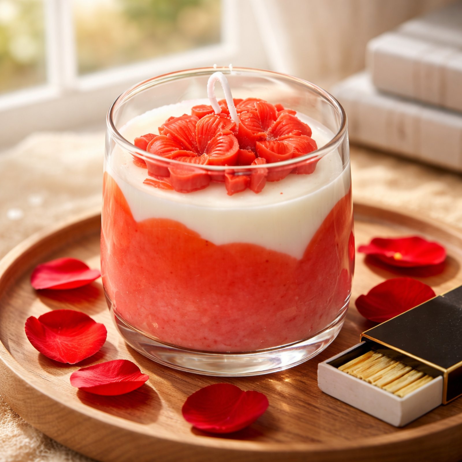 Scented Soy Candle Wavy Red Flower Glass Size 8 x 8.50cm