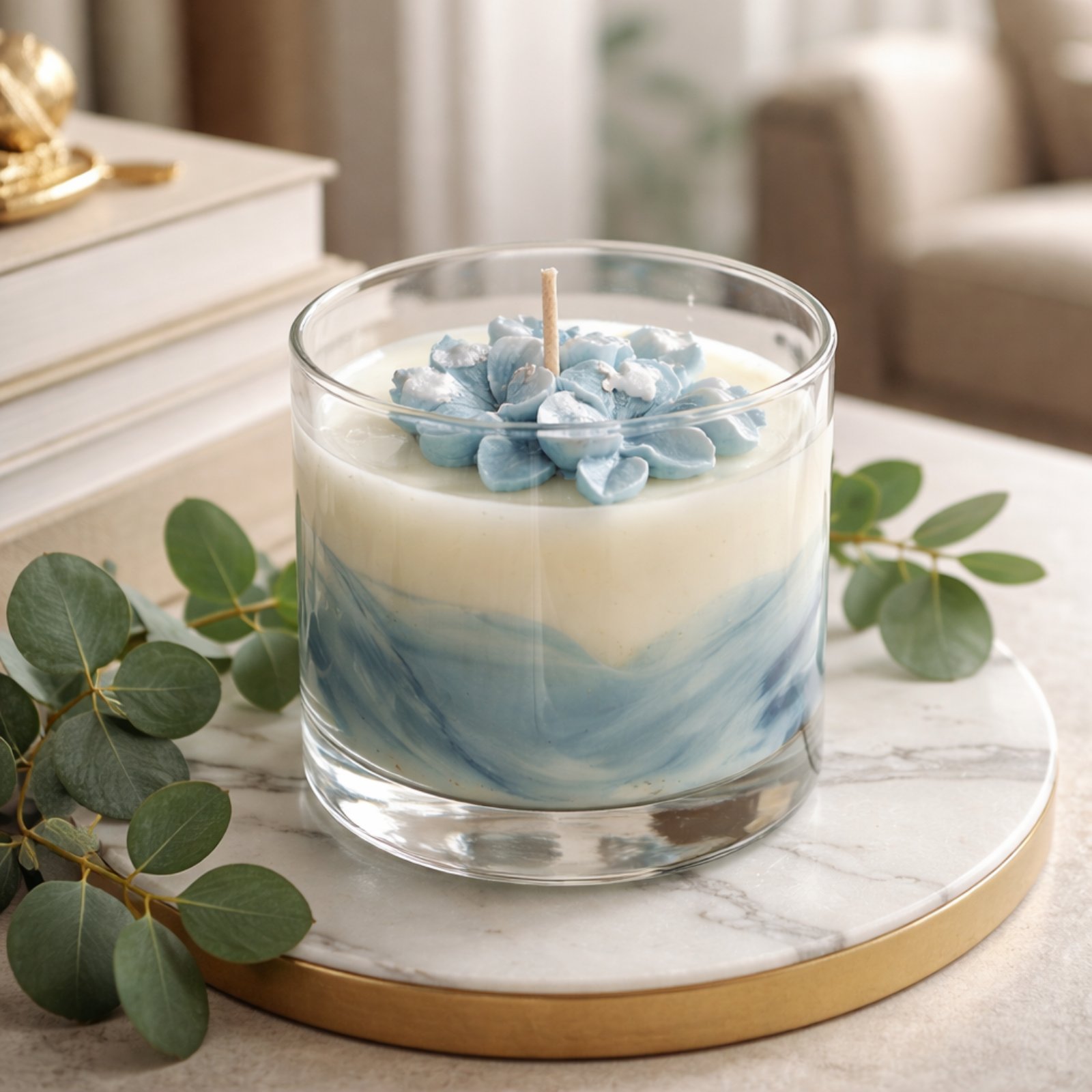 Scented Soy Candle Wavy Blue Flower Glass Size 8 x 8.50cm