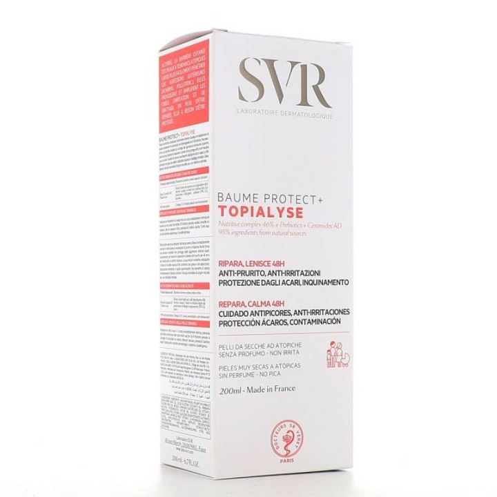 SVR Topialyse Baume Protect+ Repairs, Soothes 48H Anti-Itching Anti-Irritation Care, Dust Mites, Pollution Protection For Very Dry To Atopic Skin 200ml