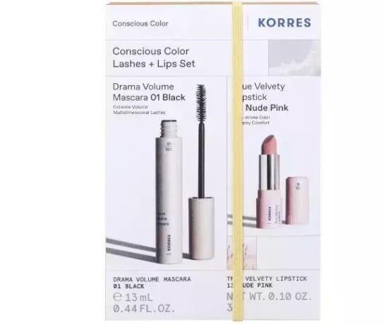 Korres Consious Color Set Drama Volume Mascara 01 Black 13ml & True Velvety Lipstick 13 Nude Pink 3g