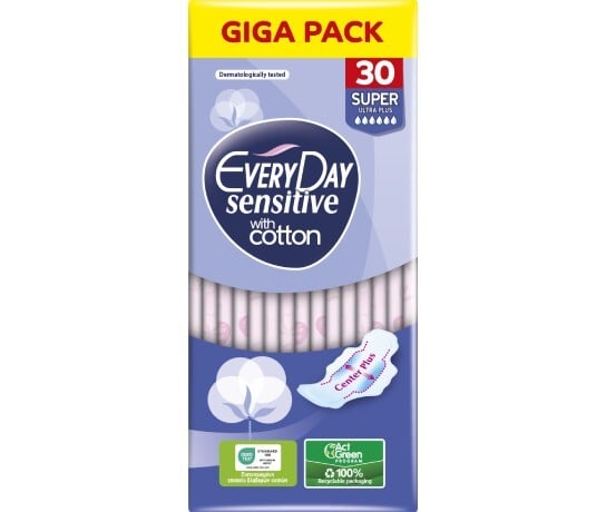 Everyday EveryDay Sensitive with Cotton Super Ultra Plus Giga Pack Sanitary Napkins, 30 pieces